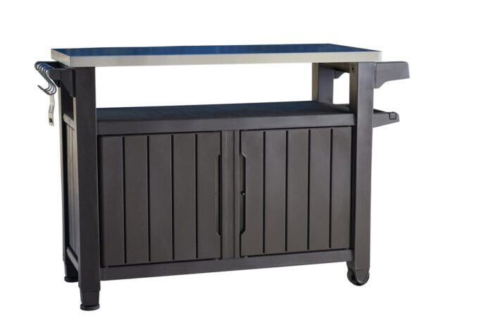 Keter Unity XL BBQ Side Table, Dimensions 134 x 51.7 x 89.6 cm, Grey, Weatherproof, Stainless Steel Worktop, Outdoor Sideboard, Perfect for Grilling in Spring - Image 1