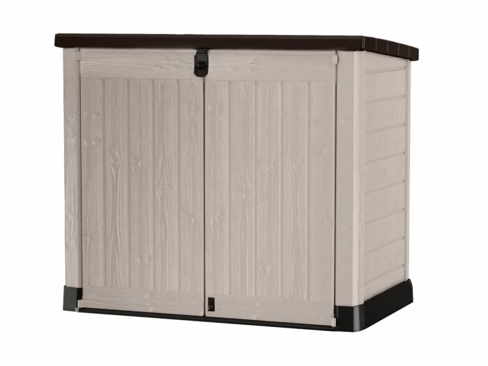 Keter Store It Out Pro Outdoor Garden Furniture Storage Shed Beige with Brown Lid Fade Free All Weather Resistant Safe and Secure Zero Maintenance 5 year Warranty - Image 1