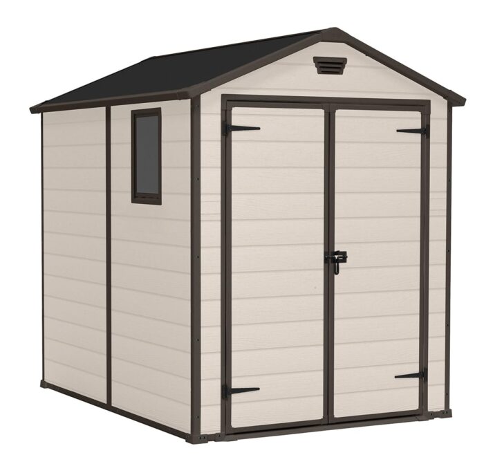 Keter Manor Outdoor Apex Double Door Garden Storage Shed 6 x 8ft Beige Brown Wood effect | Fade Free | All Weather Resistant | Safe and Secure | Zero Maintenance | 15 year Warranty - Image 1