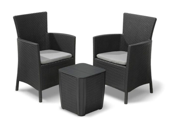 Keter Iowa 3-Piece Rattan Effect Storage Table Balcony Bistro Set - Graphite - Image 1