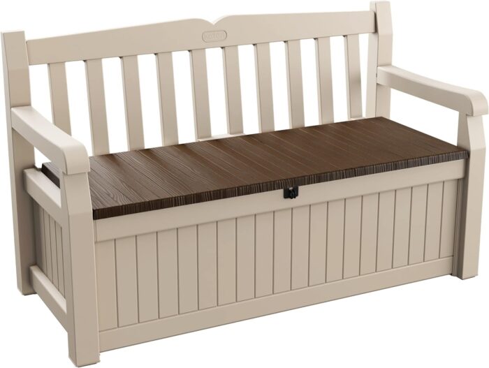 Keter Eden Bench 265L Outdoor 60% recycled Garden Furniture Storage Box Beige & Brown Wood Panel Effect | Fade Free | All Weather Resistant | Safe and Secure | Zero Maintenance | 2 year Warranty - Image 1