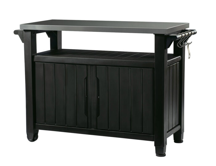 Keter Unity XL Outdoor Portable Table and Storage Cabinet with Hooks for Grill Accessories Stainless Steel Top for Patio, Kitchen, Island or Bar Cart, Dark Grey - Image 1