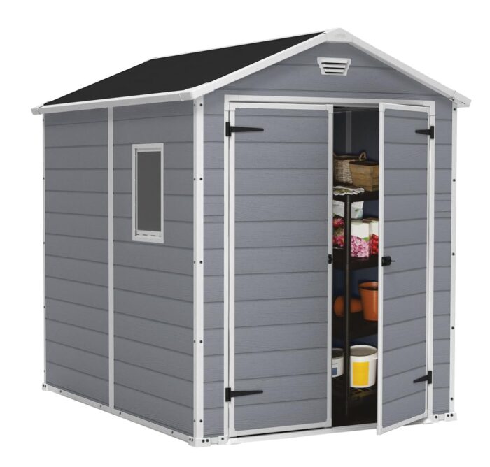 Keter Manor Outdoor Plastic Garden Storage Shed, Grey, 6 x 8 ft - Image 1