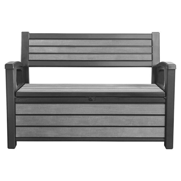 Keter Hudson 60 Gallon Capacity Plastic Resin Weather Resistant Outdoor Home Backyard Storage Bench/Deck Box Chest Patio Furniture, Gray - Image 4