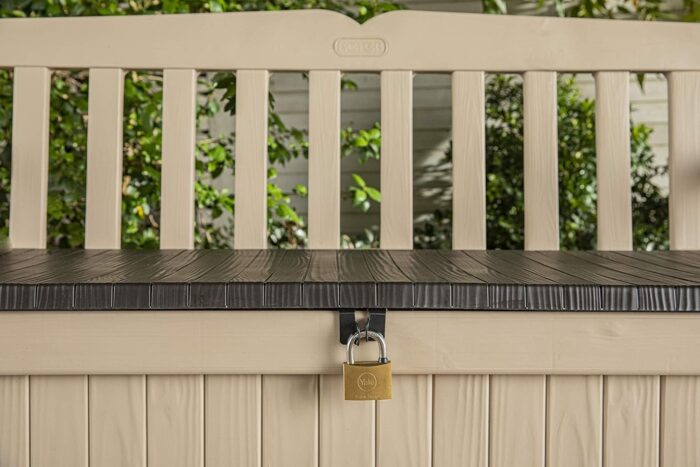 Keter Eden Bench 265L Outdoor 60% recycled Garden Furniture Storage Box Beige & Brown Wood Panel Effect | Fade Free | All Weather Resistant | Safe and Secure | Zero Maintenance | 2 year Warranty - Image 3