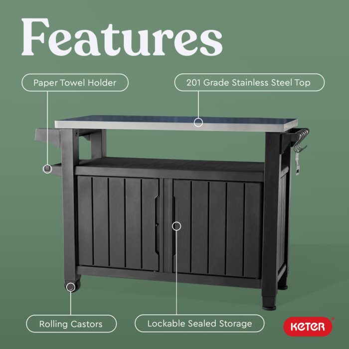 Keter Unity XL Outdoor Portable Table and Storage Cabinet with Hooks for Grill Accessories Stainless Steel Top for Patio, Kitchen, Island or Bar Cart, Dark Grey - Image 12
