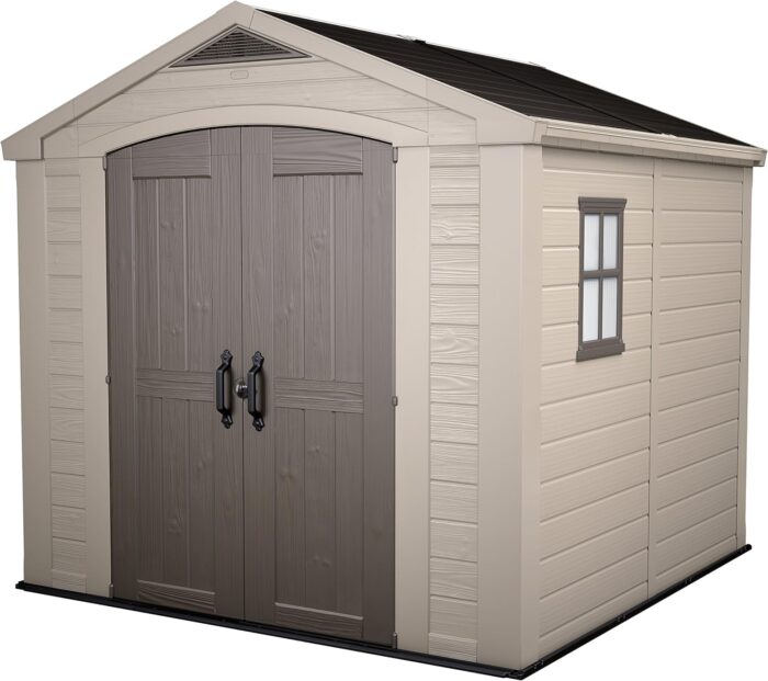 Keter Factor Outdoor Plastic Garden Storage Shed, Beige, 8 x 8 ft - Image 1