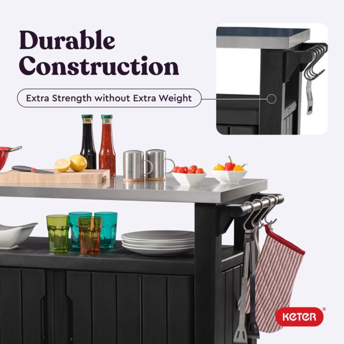Keter Unity XL Outdoor Portable Table and Storage Cabinet with Hooks for Grill Accessories Stainless Steel Top for Patio, Kitchen, Island or Bar Cart, Dark Grey - Image 10
