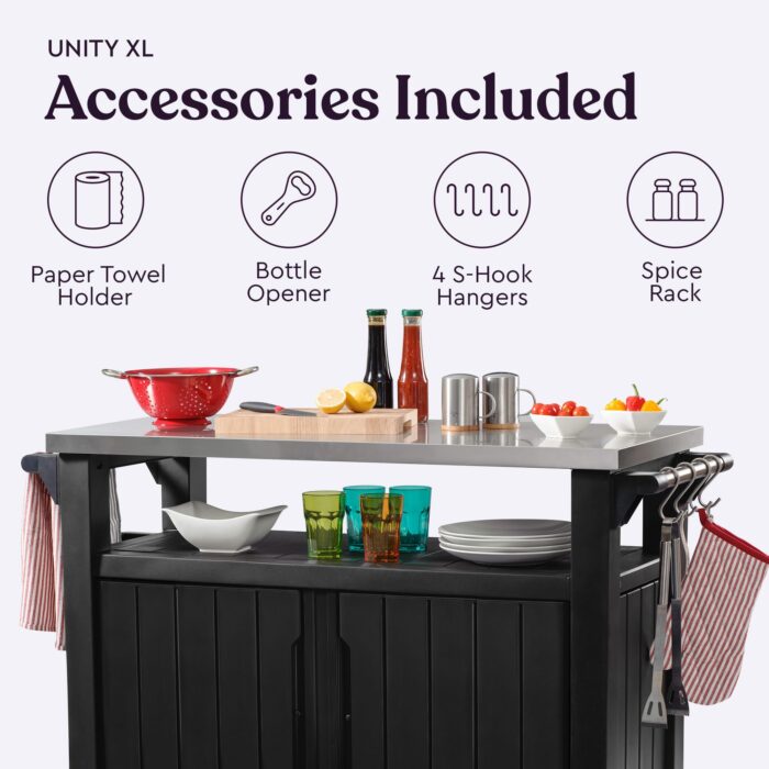 Keter Unity XL Outdoor Portable Table and Storage Cabinet with Hooks for Grill Accessories Stainless Steel Top for Patio, Kitchen, Island or Bar Cart, Dark Grey - Image 2