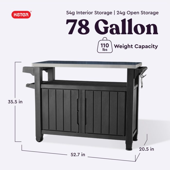 Keter Unity XL Outdoor Portable Table and Storage Cabinet with Hooks for Grill Accessories Stainless Steel Top for Patio, Kitchen, Island or Bar Cart, Dark Grey - Image 3