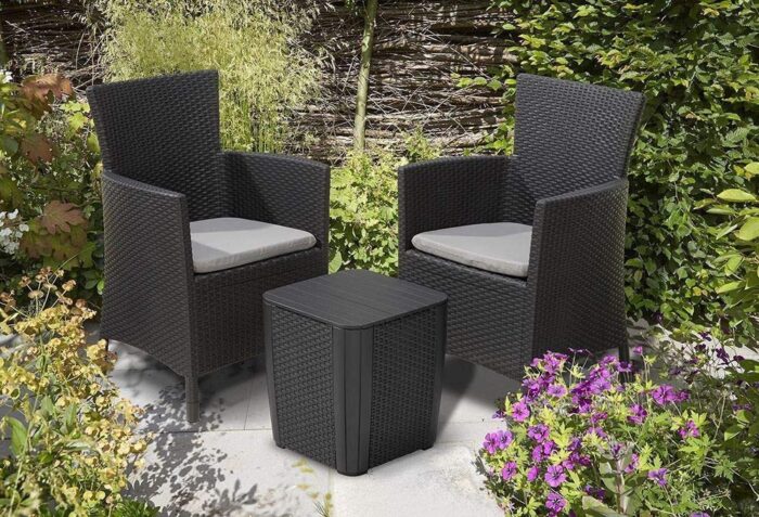 Keter Iowa 3-Piece Rattan Effect Storage Table Balcony Bistro Set - Graphite - Image 2