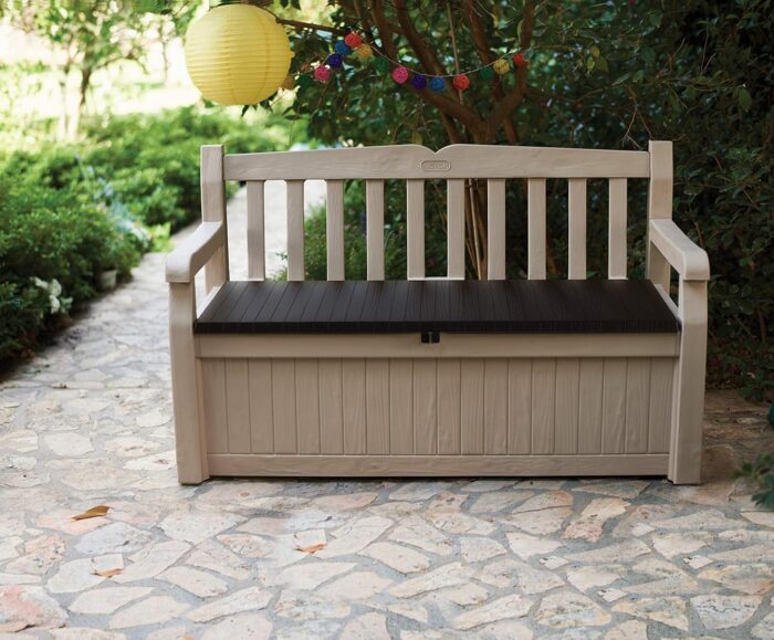 Keter Eden Bench 265L Outdoor 60% recycled Garden Furniture Storage Box Beige & Brown Wood Panel Effect | Fade Free | All Weather Resistant | Safe and Secure | Zero Maintenance | 2 year Warranty - Image 2