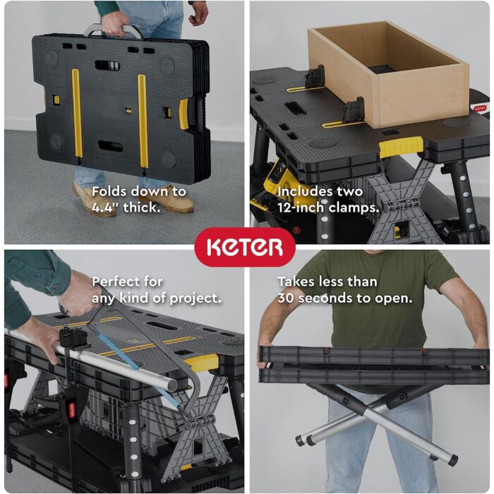 Keter Folding Work Table, Portable Workbench w/ 12" Clamps for Garage/Wood Shop - Image 8