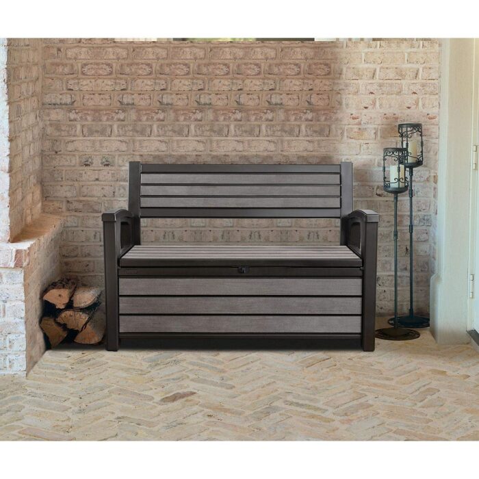 Keter Hudson 60 Gallon Capacity Plastic Resin Weather Resistant Outdoor Home Backyard Storage Bench/Deck Box Chest Patio Furniture, Gray - Image 3