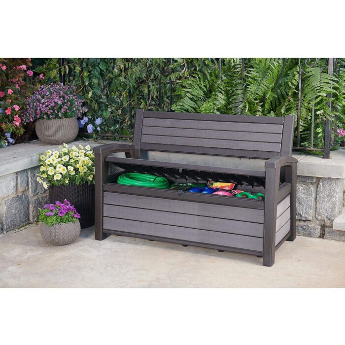 Keter Hudson 60 Gallon Capacity Plastic Resin Weather Resistant Outdoor Home Backyard Storage Bench/Deck Box Chest Patio Furniture, Gray - Image 6