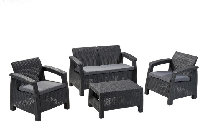 Keter GF06784 Corfu Outdoor 4 Seater Rattan Sofa Furniture Set with Accent Table - Graphite with Cream/Mushroom Cushions - Image 1