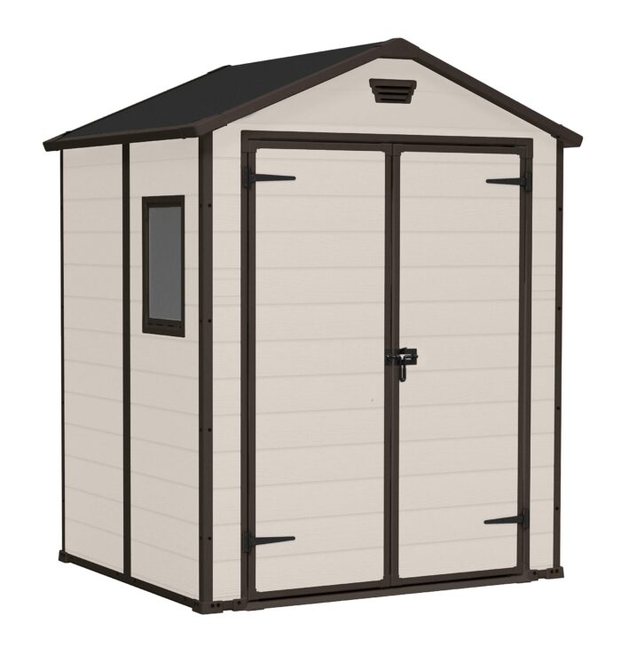 Keter Manor Outdoor Apex Double Door Garden Storage Shed 6 x 5ft Beige Brown Wood effect | Fade Free | All Weather Resistant | Safe and Secure | Zero Maintenance | 15 year Warranty - Image 1