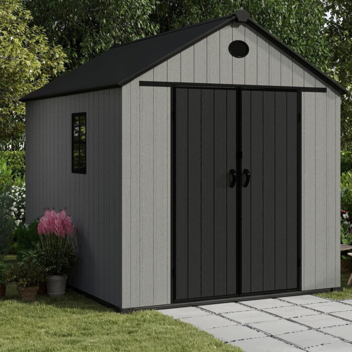 Pro Grade 6ft x 8ft Premium Plastic Double Door Garden Shed - Grey/Anthracite Wood Touch Texture