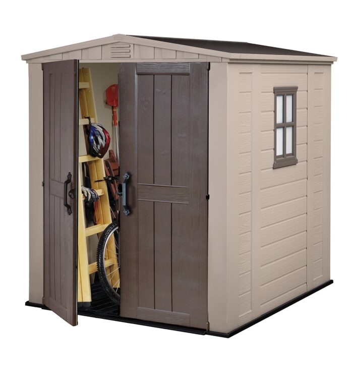 Keter Factor Outdoor Apex Double Door Garden Storage Shed 6 x 6ft Beige Brown Wood effect | Fade Free | All Weather Resistant | Safe and Secure | Zero Maintenance | 15 year Warranty - Image 1