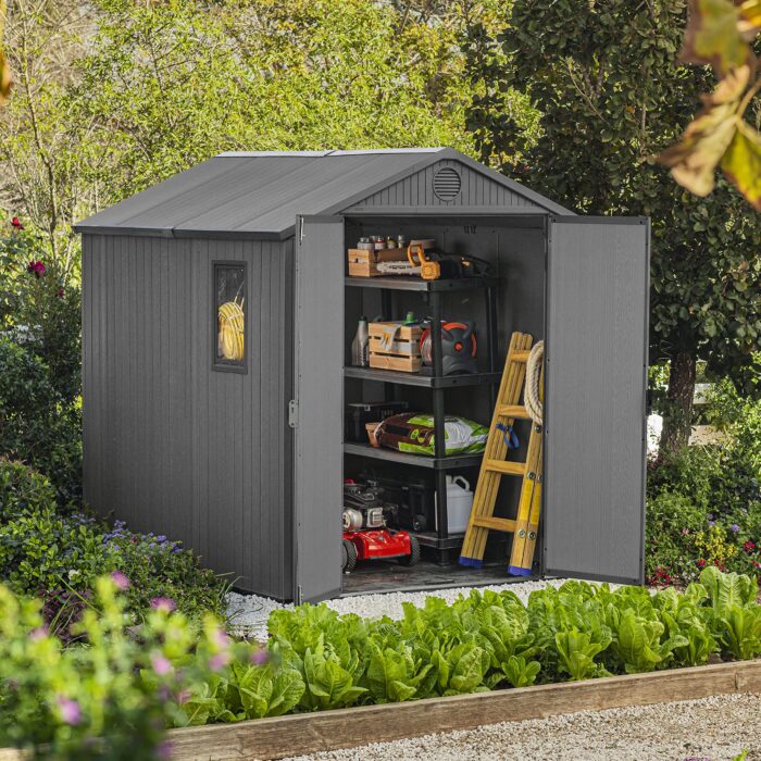 Keter Darwin Outdoor Apex Double Door Garden Storage Shed 6 x 8ft Grey Evotech+ Wood Look and Feel | Fade Free | All Weather Resistant | Safe and Secure | Zero Maintenance | 15 year Warranty - Image 7
