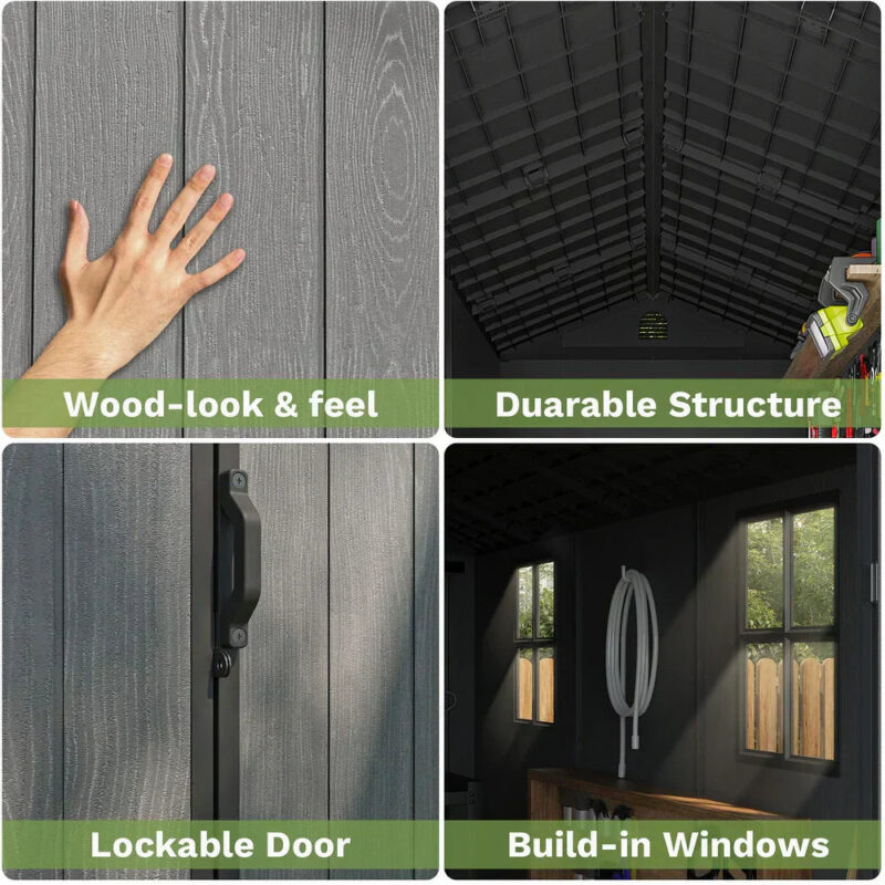 Pro Grade 8ft x 10ft Premium Plastic Double Door Garden Shed - Grey Wood Touch Texture